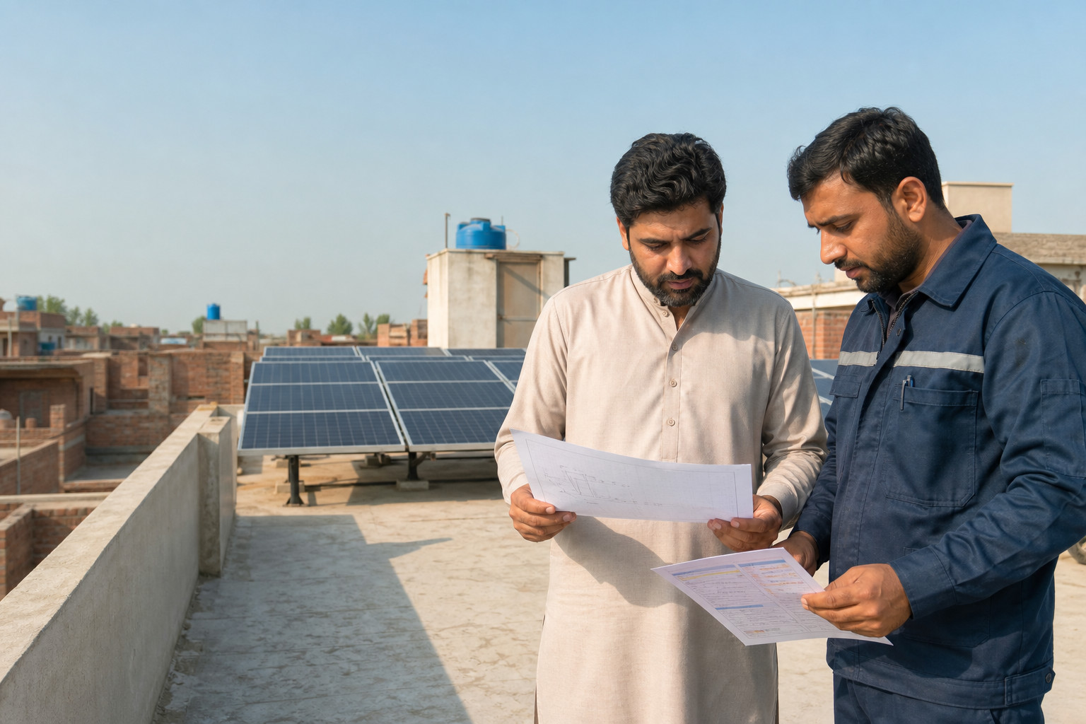 A Pakistani homeowner reviewing a solar plan with a technician
